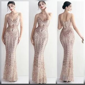 Elegant Sequined Evening Gown in Beige